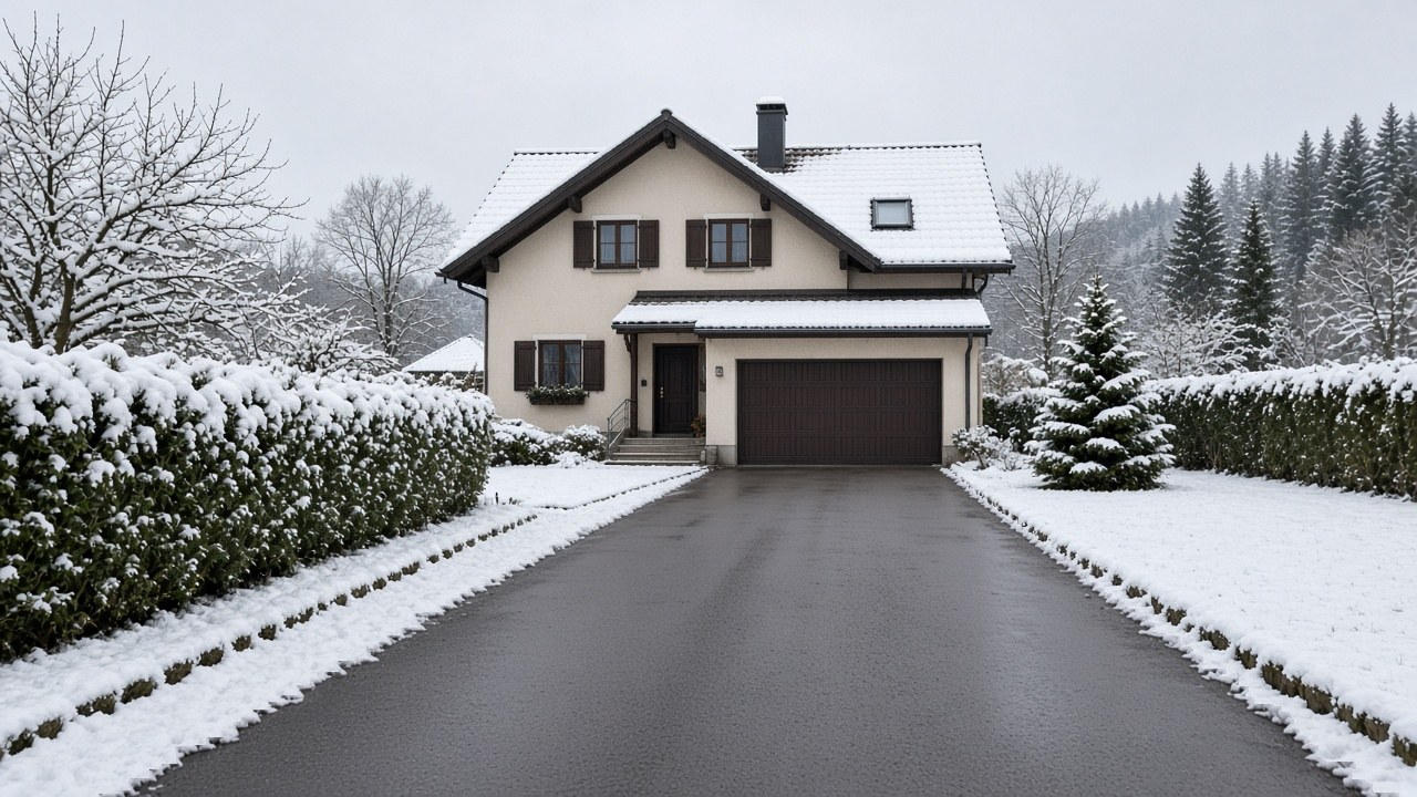 Dieselbe Einfahrt, Asphalt geräumt, Schnee liegt an den Rändern